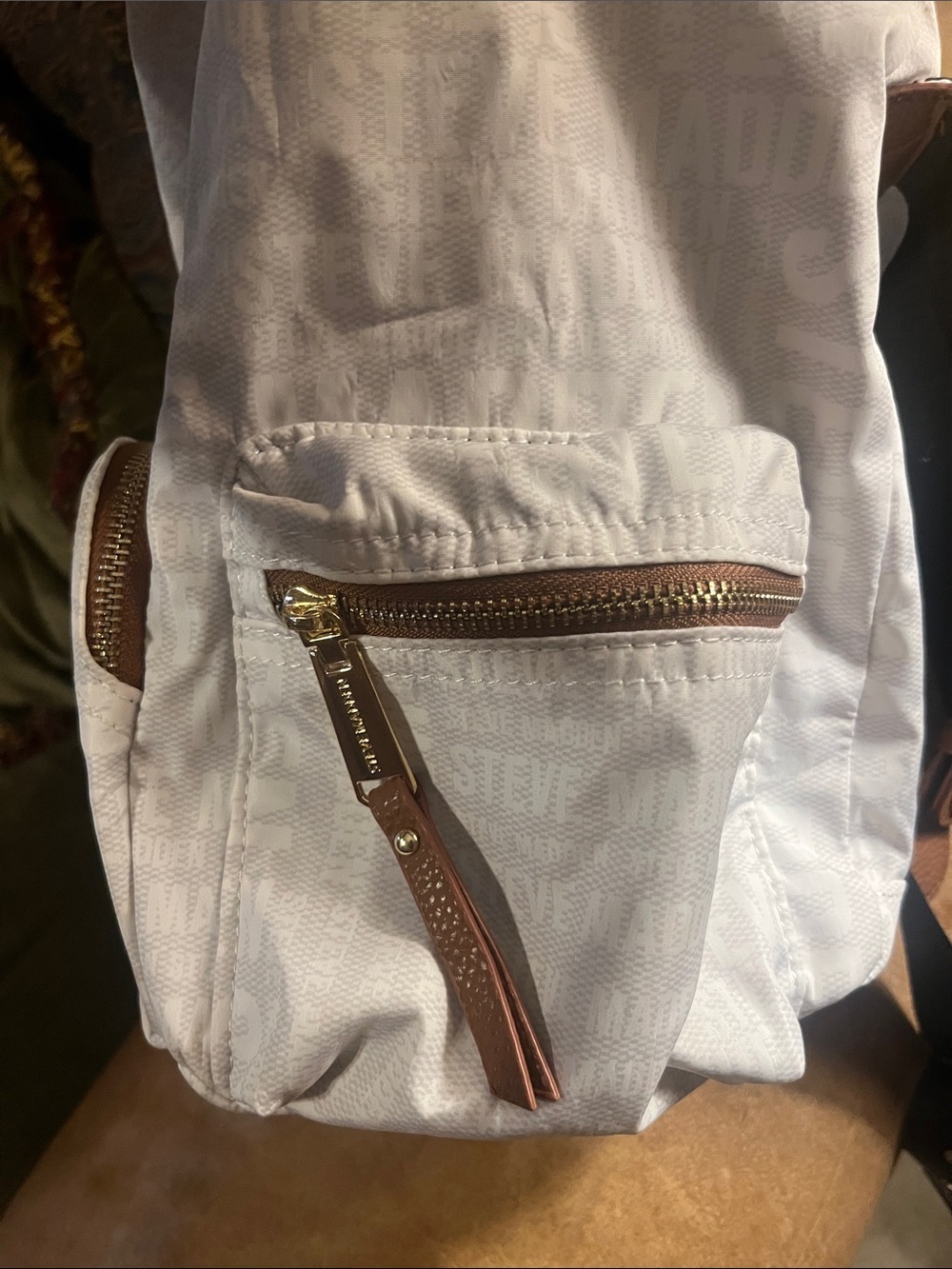 Steve Madden Solly White Canvas Backpack/Purse Brown Faux Vegan Leather Trim - Picture 7 of 8